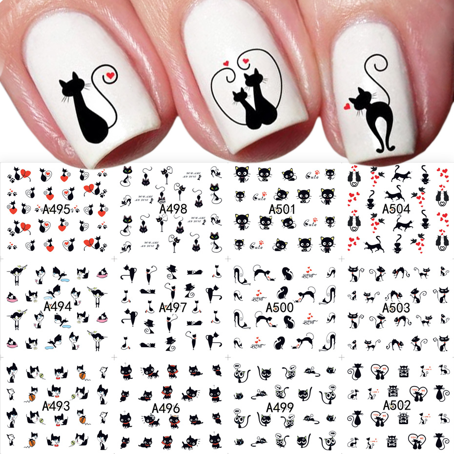 Nail Art Valentines Day - 12pcs Black Cat Stickers Nail Decals